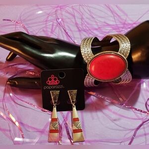 Paparazzi 2 piece Clip-on Earrings and Silver Bracelet with Bold Red Accent